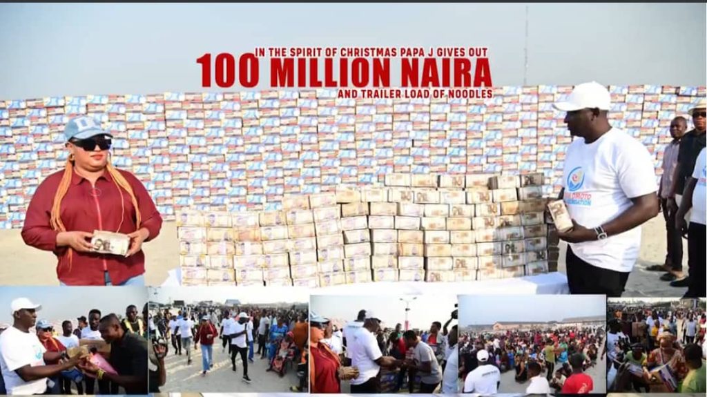 See how Billionaire Prophet, Jeremiah Omoto Fufeyin gave out whooping 100 Million Naira cash gifts and trailer loads of noodles to Nigerians in Christmas Celebration (Watch Video)