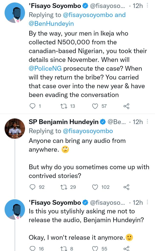 Police PRO Benjamin Hundeyin and journalist Fisayo Soyombo drag each other over a report made by the latter