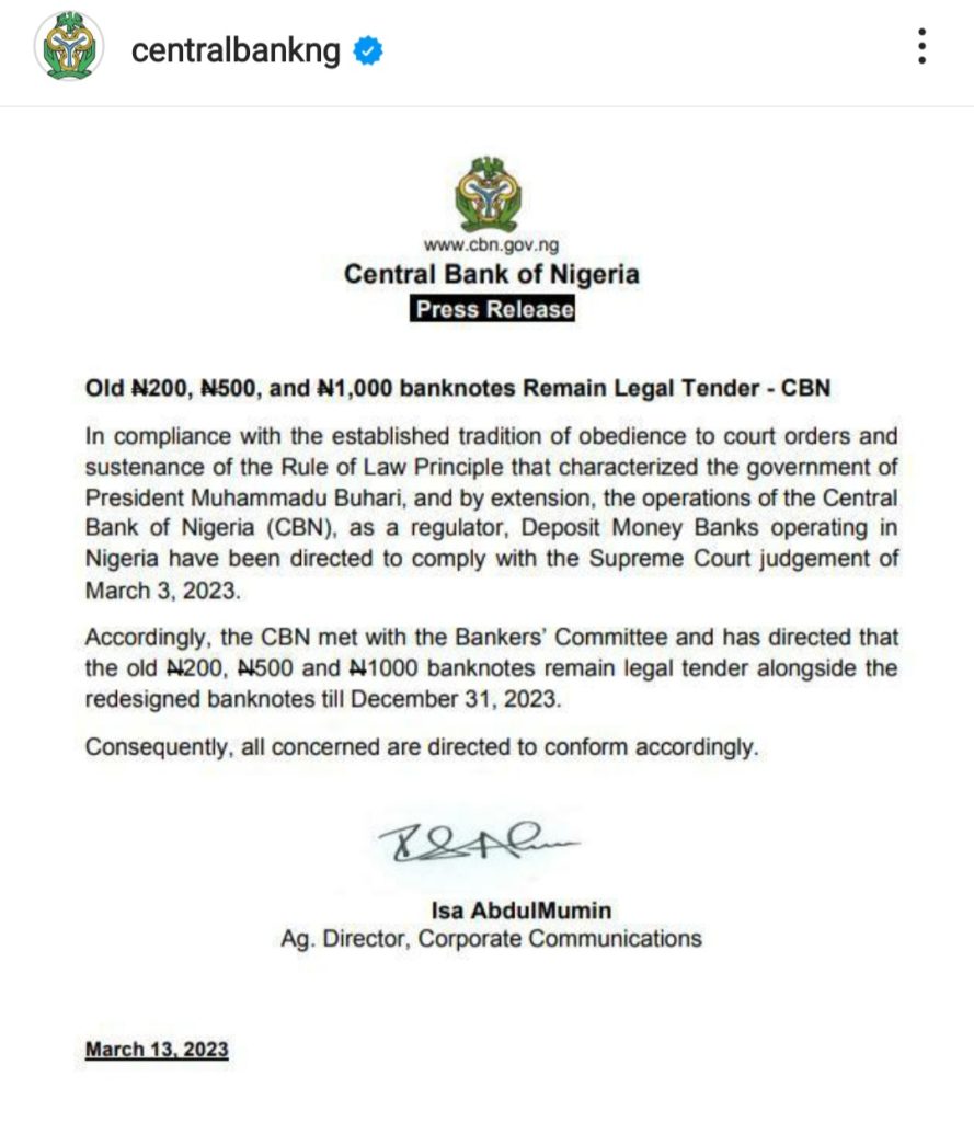CBN directs banks to dispense and receive old N200, N500 and N1000 notes