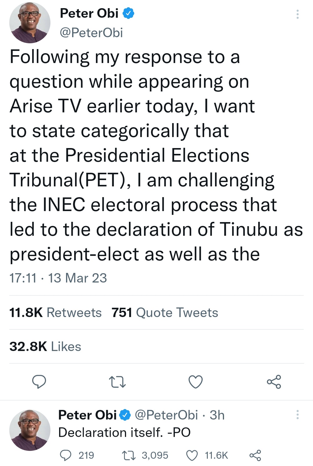 Peter Obi makes U-turn, says he will challenge not only election process but also the outcome