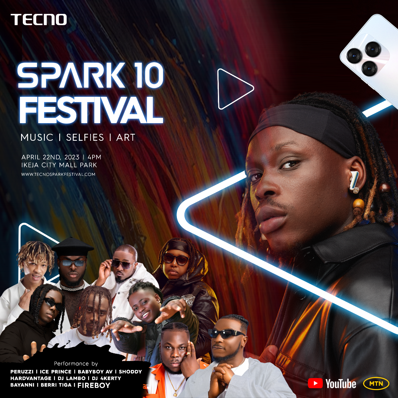 Fireboy, Iceprince, Peruzzi, amongst others, are to perform at the Tecno Spark 10 Fest this Saturday!